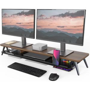 Fenge Dual Monitor Stand, Monitor Stands Riser for 2 monitors, 42.5 Inch Wood Desk Shelf with Storage Organizer and Cable Management for Office Desk Accessories