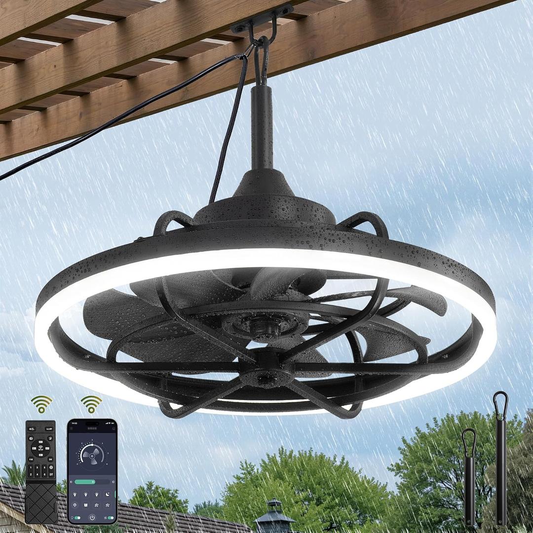 Fanbulous Outdoor Ceiling Fans with Light for Patios, 24" Weatherproof Plug in Ceiling Fan, Gazebo Fan Remote&APP Control, 3CCT Dimmable,Caged Ceiling Fan with Hanging Hook for Porch, Pergola,Canopy