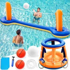 Jasonwell Pool Toys Games Set - 3 in 1 Pool Volleyball Net Basketball Hoop Ring Toss Game Inflatable Floats Water Floating Volleyball Swimming Pools Party Game Accessories Toy Gift Kids Teens Adults (Orange)