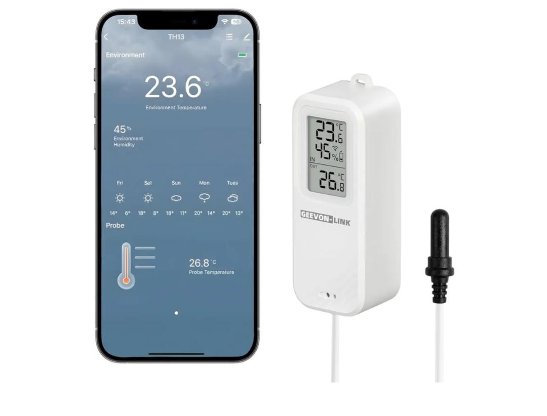 WiFi Refrigerator Thermometer Hygrometer with Alarm, Freezer Temperature with Probe, Wireless Digital Fridge Thermometer Humidity Sensor, Free Data Export for Home Kitchen Fridge Tub