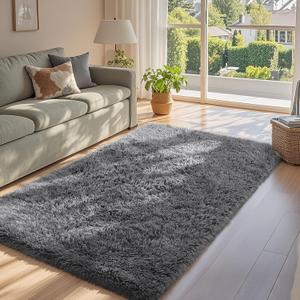 Ophanie Upgrade Rugs Fluffy Shaggy Soft Area Rug Non-Slip Indoor Floor Carpet 3x5 Ft Gray