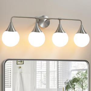 Bathroom Vanity Light Fixtures: 4 Lights Mid Century Modern Bathroom Lighting Fixtures Over Mirrors - Brushed Nickel Wall Sconce with Milky Glass Ball Shades for Bath Bedroom