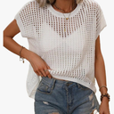 Summer Crochet Tops for Women 2025 Summer Sweaters Lightweight Beach Vacation Clothes for Women Hollow Capsleeve Cute Tops, M