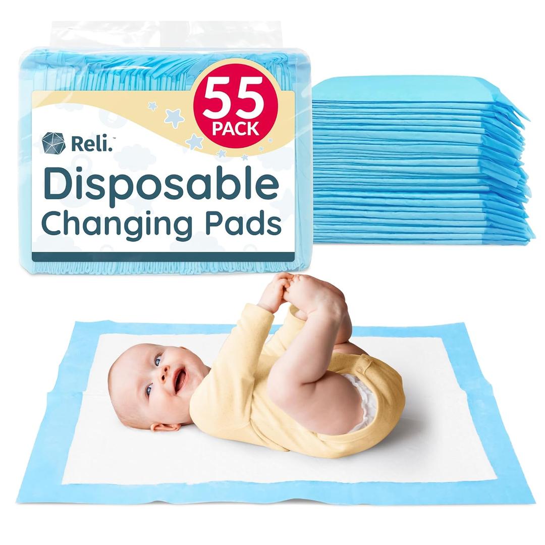 Reli. Disposable Changing Pads for Baby (55 Pack) | Disposable Diaper Changing Pads, 13" x 18" | Super Absorbent, Leak-Proof Liners | Waterproof, Quick Dry Underpads (Blue/White)