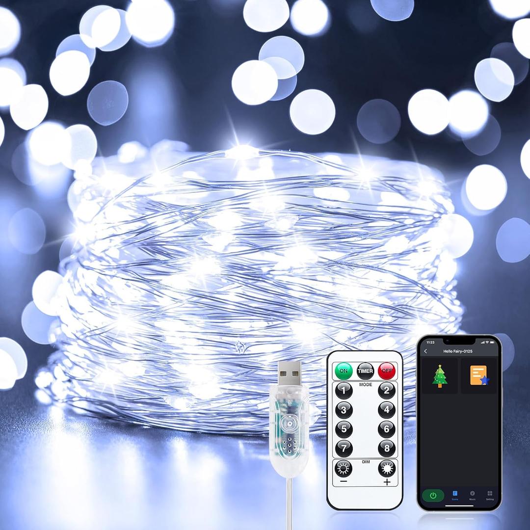 USB Fairy Lights Plug-in, 2 Pack Smart 33FT 100LEDs Bluetooth Twinkle Lights with Timer and Remote, App Control Starry String Lights 8 Modes for Wedding Party Indoor Christmas Decoration, Pure White
