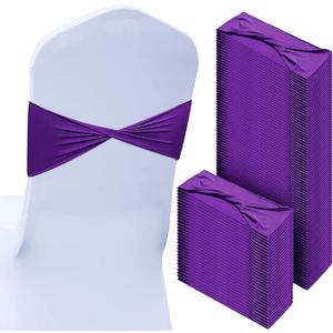 CHENGU 100 Pcs Spandex Chair Sashes Plain Bow Wedding Royal Chair Bands Without Buckle Birthday Decorations Elastic Ties Spandex Slider Sashes for Events Party Ceremony(Deep Purple)