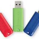 Verbatim 128GB Pinstripe USB 3.2 Gen 1 Flash Drive Retractable Thumb Drive - 3 Pack - Multicolor (Green, Blue, Red)