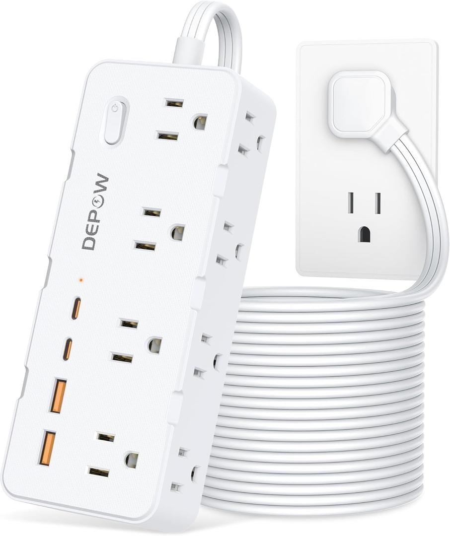 DEPOW Power Strips with Surge Protection, 10 FT Braided Extension Cord with Multiple Outlets-8 AC Outlets 4 USB Ports (2 USB C), 1700 Joule Surge Protector with Flag Plug for Home Office, White
