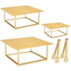 Dualshine 3 Pcs Square Gold Cake Stand Set, 8" 10" 12" Elegant Wedding Cake Stands & Dessert Table Display - Perfect for Birthday, Wedding Reception & Party Decor - Includes 2 Gold Tongs (Metal)