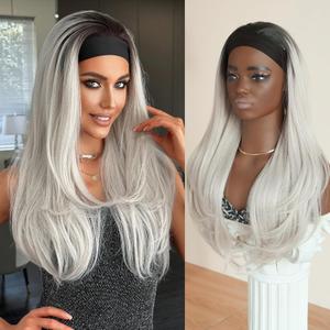 7JHH WIGS 29IN Long Hair Natural Silver White Wigs High Layered Cut Women Synthetic Heat Resistant Fiber Headband Wig for Women Fashion Edgy Daily Party Cosplay