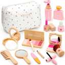 Lonico Wooden Makeup Toy Set for Girls Pretend Play Makeup Kit for Toddlers 3-5 with Eyeshadow/ Mascara/ Perfume/ Blush/ Mirror/ Bag, Birthday Gifts for Girls Toys Kids Aged 3 4 5 6 7 8