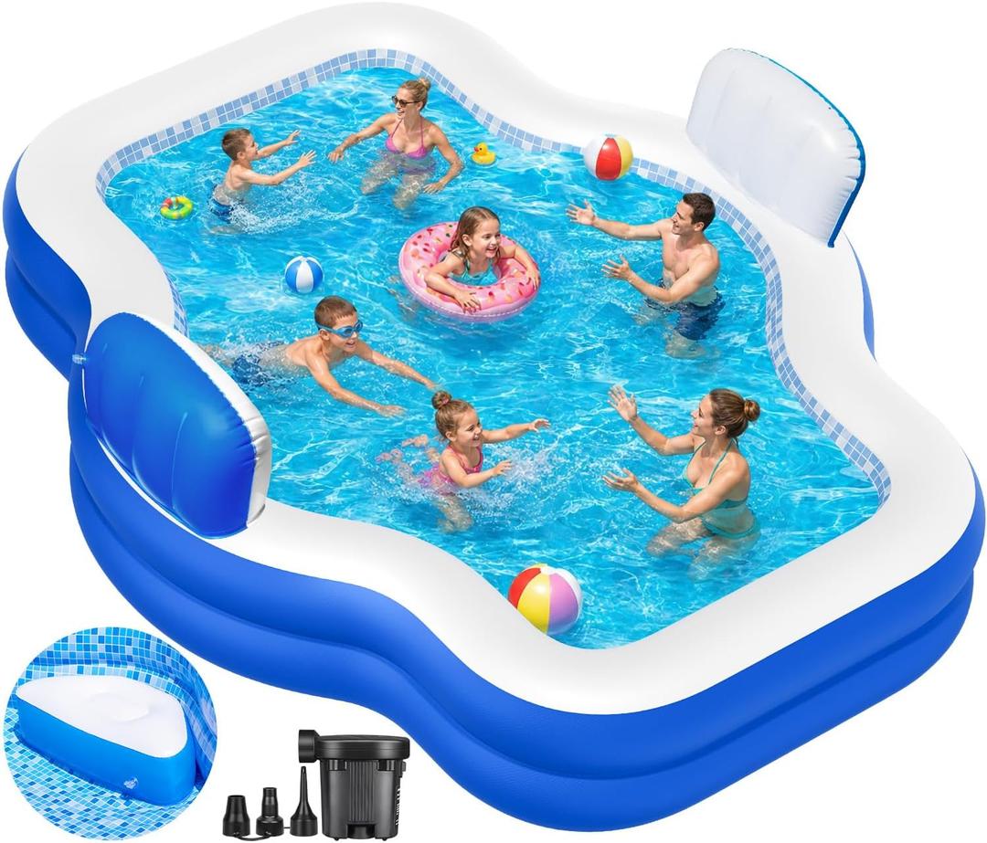 Inflatable Swimming Pool with Seat Pump, 121" X 90" X 22" Blow-Up Pool for Kids Adults Oversized Thickened Kiddie Pool Family Full Sized Inflatable Pools for Garden, Backyard, Outdoor Water Party