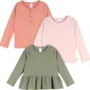 Gerber Baby-Girls 3-Pack Long Sleeve Shirts (4T, Green, Pink & Coral)