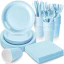 Dandat 350 Pcs Bridal Shower Decorations Baby Shower Party Supplies Include Plates Cups and Napkins Sets with Plastic Forks Knives Spoons for Wedding Birthday (Light Blue)