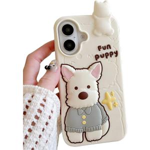 Kawaii 3D Dog Phone Case for iPhone 16 Pro Max, Cute Girly Cartoon Westie Phone Cover for Girls, Kids, Teens, and Women, White Soft Silicone