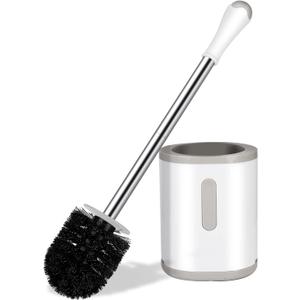 AONEZ Compact Toilet Brush & Holder, Stainless Steel Handle, Space Saving for Storage, Deep Cleaning, Drip-Proof, Easy to Assemble, Nylon Bristles, White & Grey