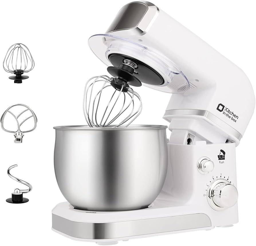 Kitchen in the box Stand Mixer, 3.2Qt Mini Electric Food Mixer, 6 Speeds Portable Lightweight Kitchen Mixer for Daily Use with Egg Whisk, Dough Hook, Flat Beater (White)