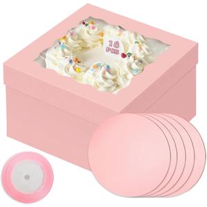 qiqee Pink 10x10x8 Cake Box, 18 Sets Cake Box with Window 18 Sets 10" Cake Round Boards, 10inch Cake Containers, 10 Meters Pink Silk Ribbon Includes