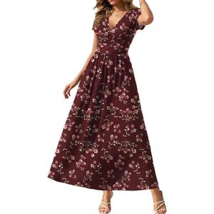 Gracyoga Women's Summer Dresses 2026 Short Sleeve Maxi Dress Casual V Neck Flowy Sundress with Pockets (Red, XL)