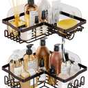SWTYMIKI Stainless Steel Corner Shower Caddy, Shower Storage Basket Shelves with 11 Hooks, 2-Pack Shower Organizers Built-in Soap Holder No Drilling Shower Racks for Bathroom, Bronze (2-tier, Z-bronze)