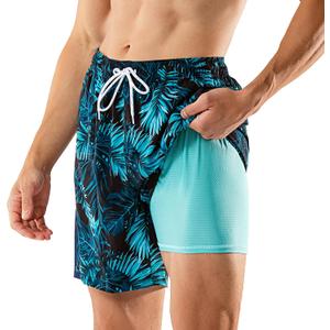 BRISIRA Mens Swim Trunks Swim Shorts 7 inch Compression Liner Bathing Suit Beach Shorts Swimwear Stretch Quick Dry Pockets (5X-Large, Bluetropical)