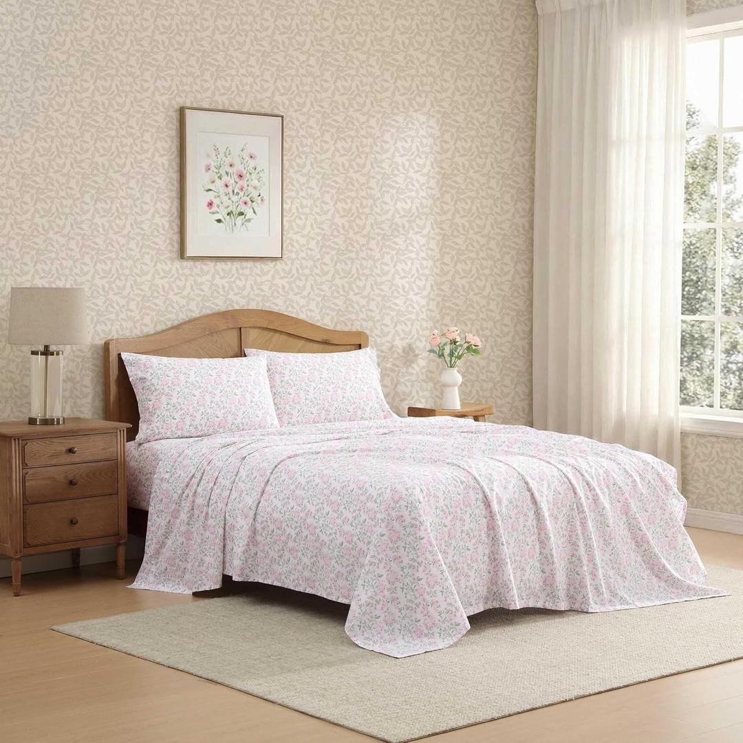 Laura Ashley - Twin XL Sheet Set, Crisp & Cool Cotton Percale Bedding for Year Round Comfort, Deep Pocket, Bed Sheets with Matching Pillowcase (Blossom Bliss Pink)
