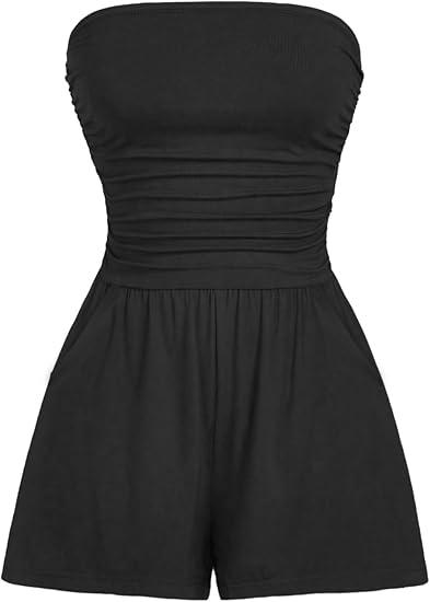 AUXDIO Women Summer Casual Strapless Romper Sleeveless Off Shoulder Short Jumpsuits 2025 Beach Vacation Clothes (Small)