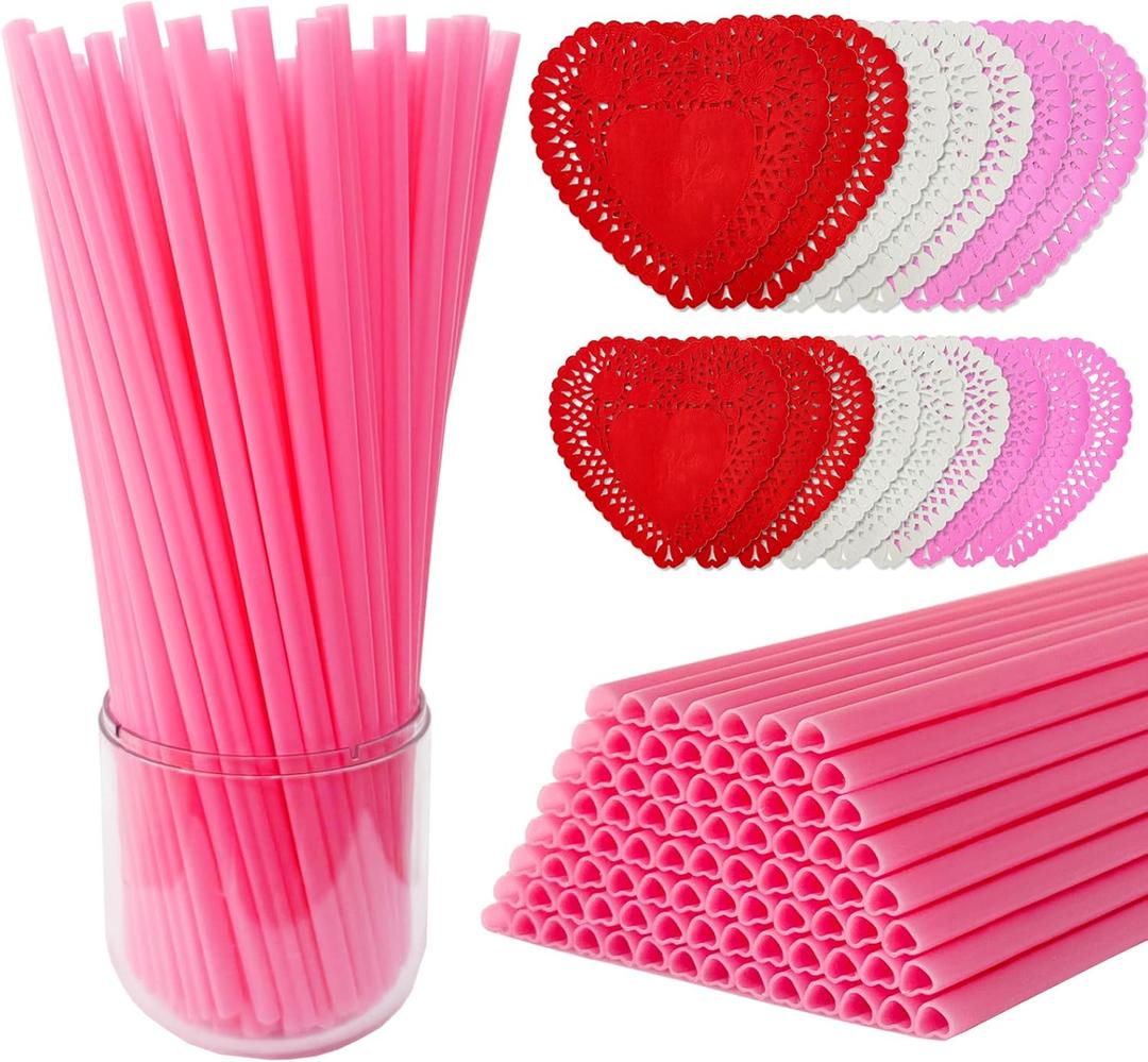 Valentines Day 300 Pcs Pink Heart Straws, Disposable Plastic Straws, Cute Heart Shaped Straw Individually Wrapped with Doilies for Wedding Birthday Bridal Shower Parties Decor