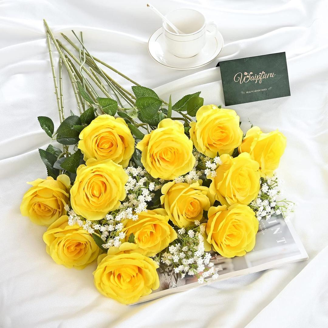Waipfaru 20 Pcs Fake Yellow Roses Babys Breath Artificial Flowers Bulk, Silk Yellow Rose Faux Babys Breath with Long Stems for Wedding Bouquet Vase Flower Arrangement