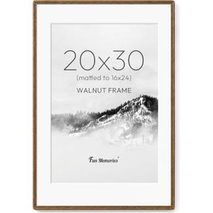 Fun Memories 20x30 Picture Frames, 20"x30" Poster Frame for Wall, 20 x 30 USA-Sourced Walnut Wood Frame with Real Tempered Glass, Display Poster 16x24 with Mat or 20 x 30 Without Mat, 1 Pack