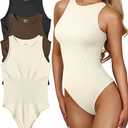 OQQ Women's 3 Piece Bodysuits Sexy Ribbed One Piece Sleeveless Halter Neck Tops Leotard Summer Trendy, Large