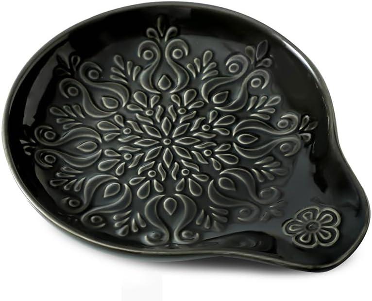 Farmhouse Ceramic Spoon Rests Holder for Kitchen Counter Stove Top (Black-A3)