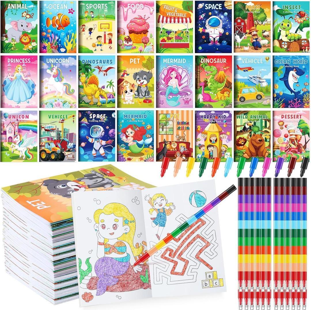 BenLouis Coloring Books for Kids With Stacking Crayons Set Mini Coloring Books Bulk for Ages 4-8-12 Small Activity Books for Birthday Party Gifts Goodie Bags Stuffers Travel24+24Pcs Assorted