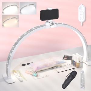 29IN Foldable Large Half Moon Light with Rhinestones & Phone Holder 3 Lighting Colors 0-100% Adjustable Brightness, 3000-6000K Nail Desk Light for Nail Art, Handicraft, Tattoo, Eyelash