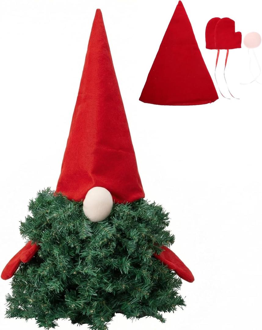 Amosfun Santa Claus Hat Christmas Tree Topper with Nose Gloves Creative Santa Hat Tree Top Decoration of The Hugger for Christmas Holiday Party Supplies 4Pcs Red