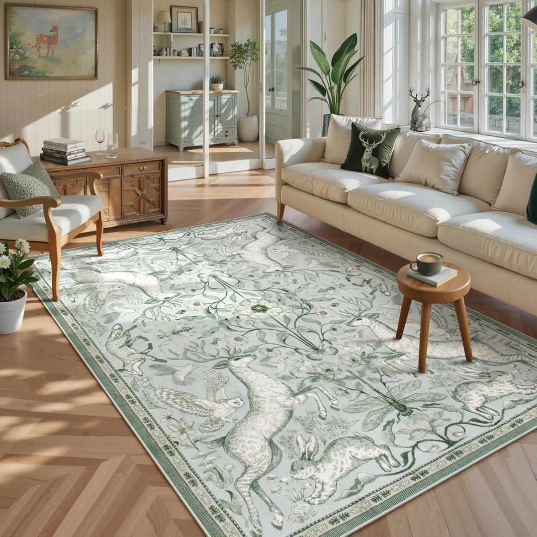 Lahome Boho Animal 5x7 Washable Living Room Area Rugs, Green Soft Rugs for Bedroom, Botanical Large Boho Non Slip Dining Room Carpet for Under Table Entryway Kitchen Office (5x7ft,Light Green)