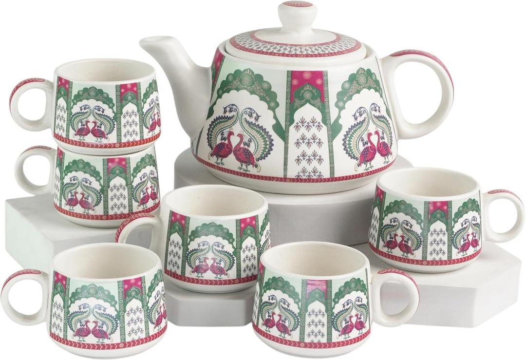 Porcelain Tea Set with 6 Cups and Teapot  Handmade Ceramic Gift Set for Women & Adults, Safe for Microwave and Dishwasher, Beautiful Design, Perfect for Tea Parties and Home Decor (Double Peacock)