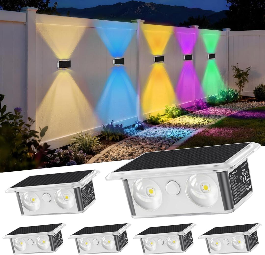 TECKNET Solar Fence Lights, Up Down Lights & 200Wide Lighting, 8 Modes RGB Color Changing, 6 Pack, IP66 Waterproof Dual-Lens LED Decorative Lights for Wall/Garden/Fence/Patio/Backyard (Red, Green, Blue)
