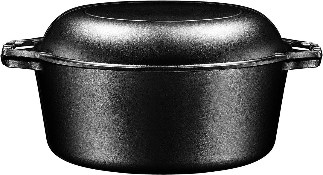 Bruntmor Pre-Seasoned Cast Iron Double Dutch Oven with Skillet Lid - 7 Quart All-in-One Casserole and Braising Pan - Heavy Duty and Oven Safe Black Cookware for Versatile Cooking - 14.7 x 6.9 Inches