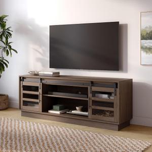 Modern Farmhouse TV Stand & TV Console - 58" W, Driftwood - Sliding Glass Barn Doors & Adjustable Shelves - Living Room Storage Cabinet & Cable Management - Entertainment Center for 32-65" TVs