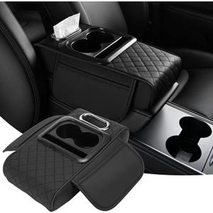 Car Armrest Cushion, 5 in 1 Center Console Cover with 2 Cup Holders, Phone Holder, Tissue Holder, Storage Bag, Multifunctional Leather Heightened Car Armrest Cushion for Most CarsBlack