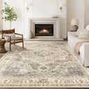 8x10 Washable Area Rug: Vintage Neutral Soft Non Slip Thin Large Floor Carpet for Living Room Bedroom Kitchen Dining Room Home Office Farmhouse Indoor - Beige Brown