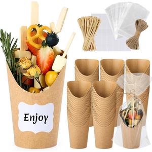 50 Sets 12 oz Charcuterie Cups, 100 Picks + 50 Bags + 50 Labels, Disposable Charcuterie Cups with Sticks and Bags, Brown Paper Snack Cup Disposable French Fry Cup for Parties, Catering
