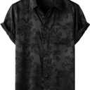 ZEROYAA Men's Shiny Luxury Silk Satin Floral Jacquard Short Sleeve Regular Fit Button Down Shirt for Party Prom, Size XL