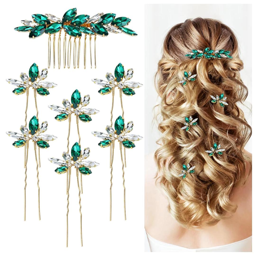 Dizila 7 Pieces Decorative Emerald Green Party Prom Wedding Bridal Rhinestone Hair Side Comb+U-shaped Hair Pins Accessories for Women Girls Brides Bridesmaids