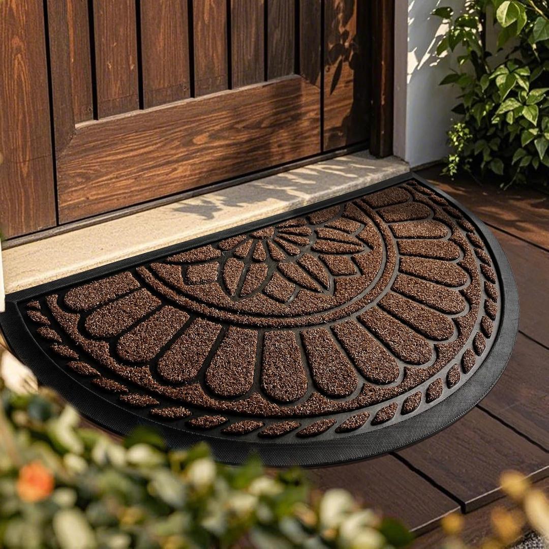 Mibao Front Door Mat Indoor Outdoor Entrance, Semicircular Entrance Mat, Half Round Waterproo Non-Slip Durable Rubber Door Mats, Low Profile Heavy Duty Doormat for Garage, Patio, 30" x 18", Coffee
