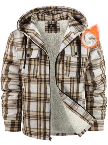 Ceoutdoor Mens Flannel Hoodie Jacket Fleece Lined Flannel Shirt Plaid Zip Up Sherpa Hooded Sweatshirt Warm Winter Coat Size 2Xl