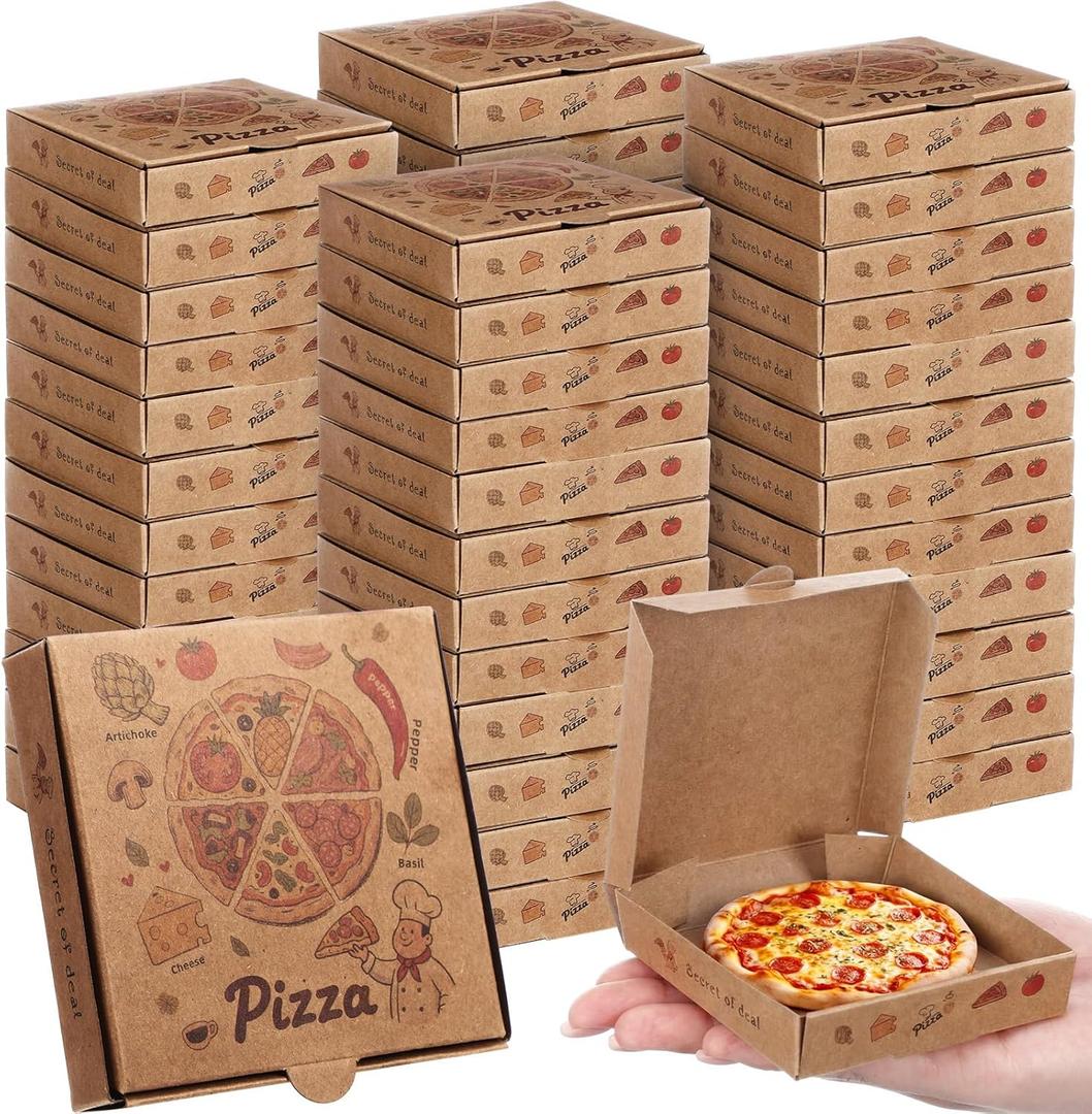 50 Pcs Mini Pizza Box 3.5 x 3.5 x 0.8 Inch Kraft Small Pizza Boxes Cookie Mini Pies Party Favors for Guests Celebrations Party Favors Weddings