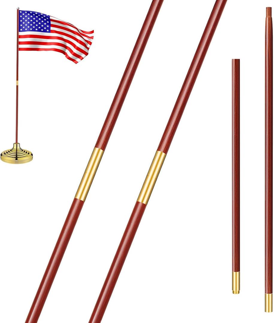 Landical 2 Pcs Indoor or Parade Flagpole Solid Wooden Flag Pole Brass Screw Joint Indoor Flag Pole, Brown and Gold (7 ft)