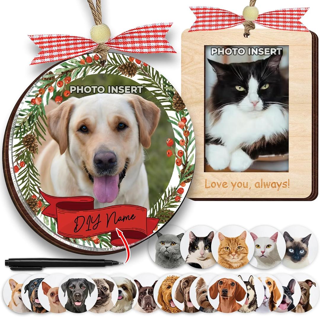 2 DIY Dog Christmas Photo Frame Ornaments Gift Set, Gifts for Cat Lovers, Dog Mom, Pet First Christmas Ornaments for Tree Hanging, Car Hanging Ornament for Dogs, Cat Holiday Decoration Gifts (4'')